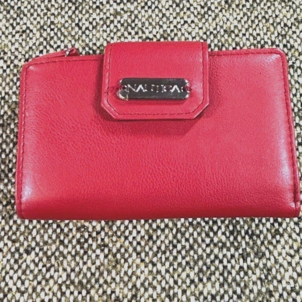 Nautica Red Faux Leather Bi-Fold Wallet Silver Logo Plate ID Window